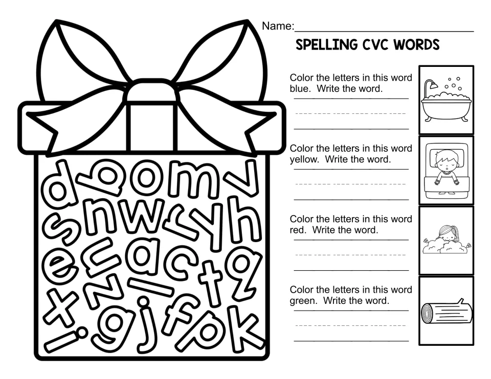 Gift box spelling: students color letters for a bathtub, child in bed, girl in bushes and log, then write each word