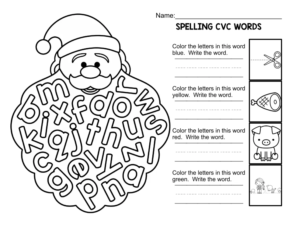 Santa beard CVC spelling: students color letters for scissors cutting, a ham, a pig and a girl with birds, then write words
