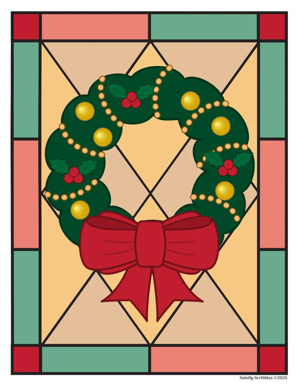 Full-color Christmas wreath example for the coloring set, featuring a red bow, holly, and gold ornaments