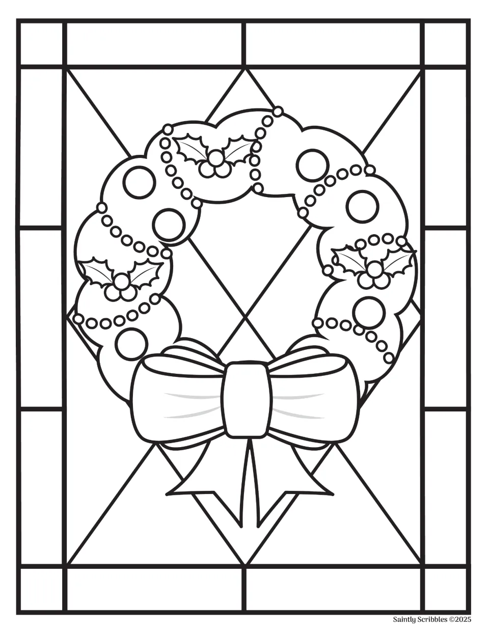 Christmas wreath coloring page matching the full-color example, with a large bow, holly, and ornaments