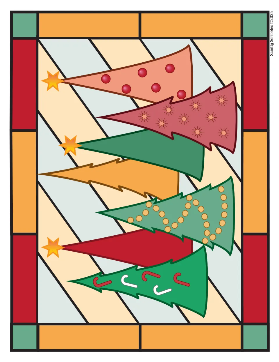 Full-color Christmas tree example for the coloring set, showing seven trees with varied holiday decorations