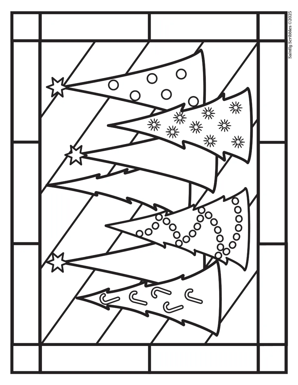Christmas tree coloring page matching the full-color example, with seven trees and varied decorations