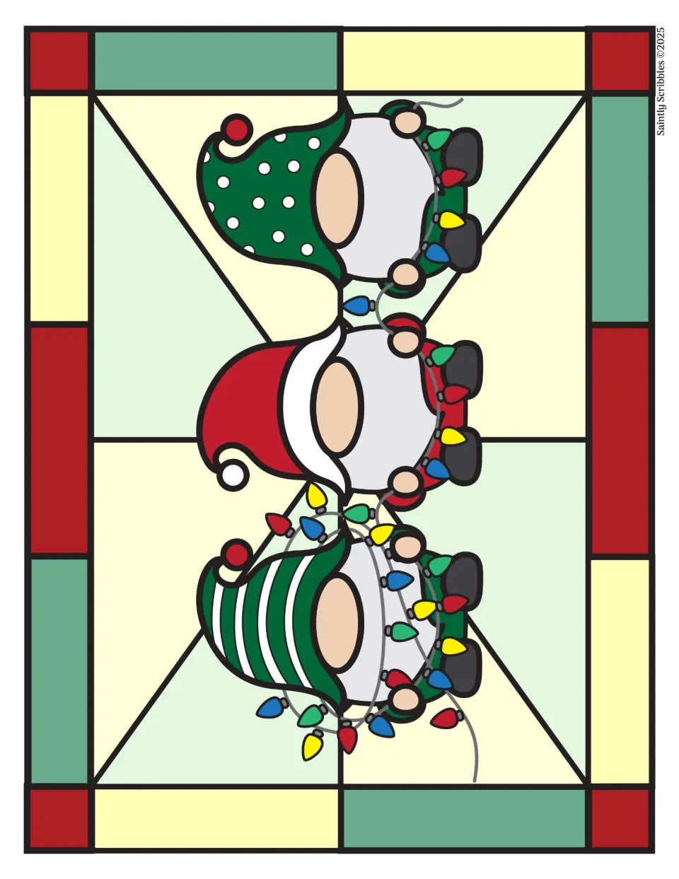 Full-color Christmas gnome example for the coloring set, showing three gnomes holding strings of lights