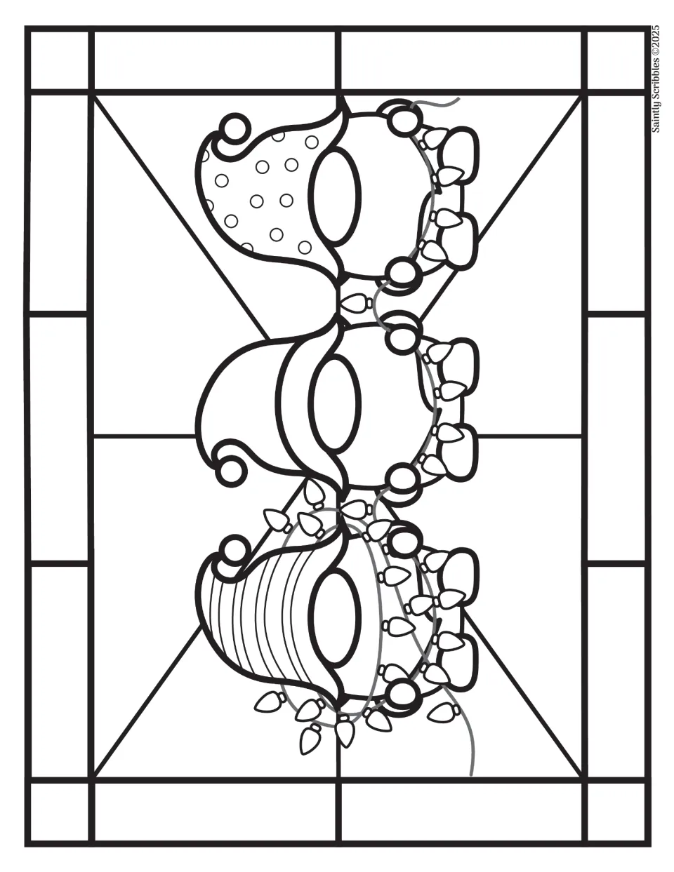 Christmas gnome coloring page matching the full-color example, with three gnomes and strings of lights