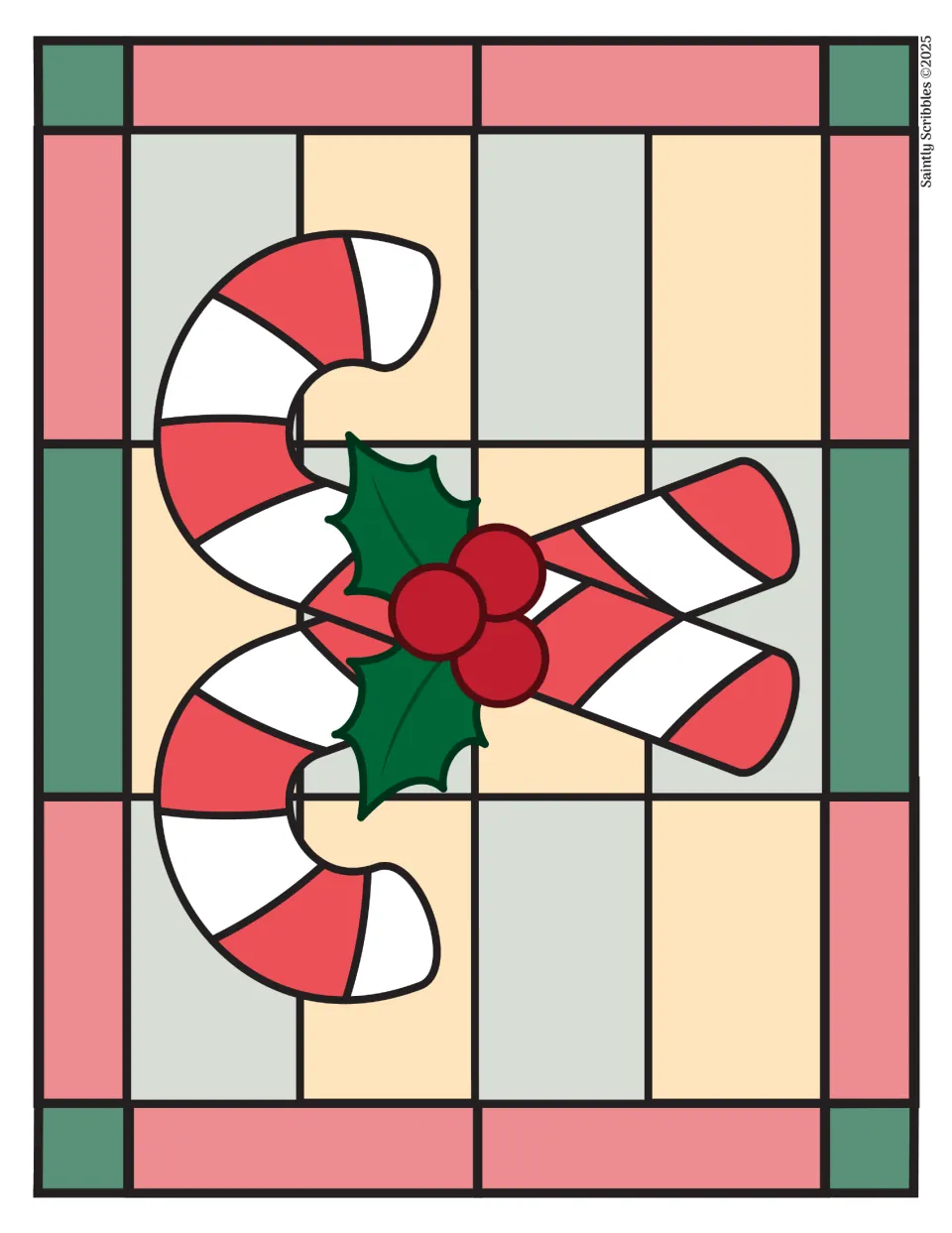 Full-color candy cane example for the Christmas coloring set, with two crossed canes and holly berries