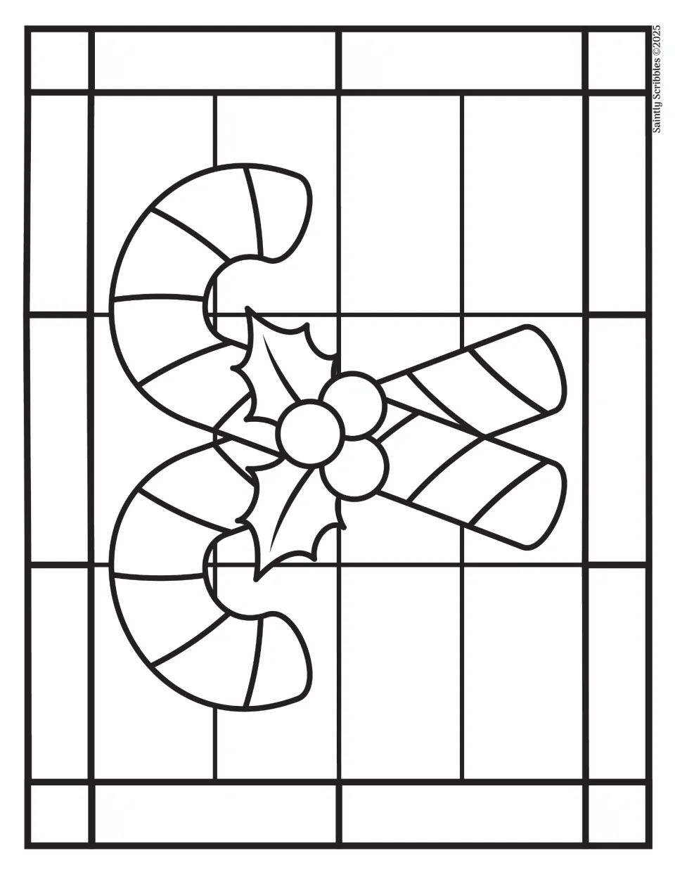 Christmas candy cane coloring page matching the full-color example, with two crossed canes and holly