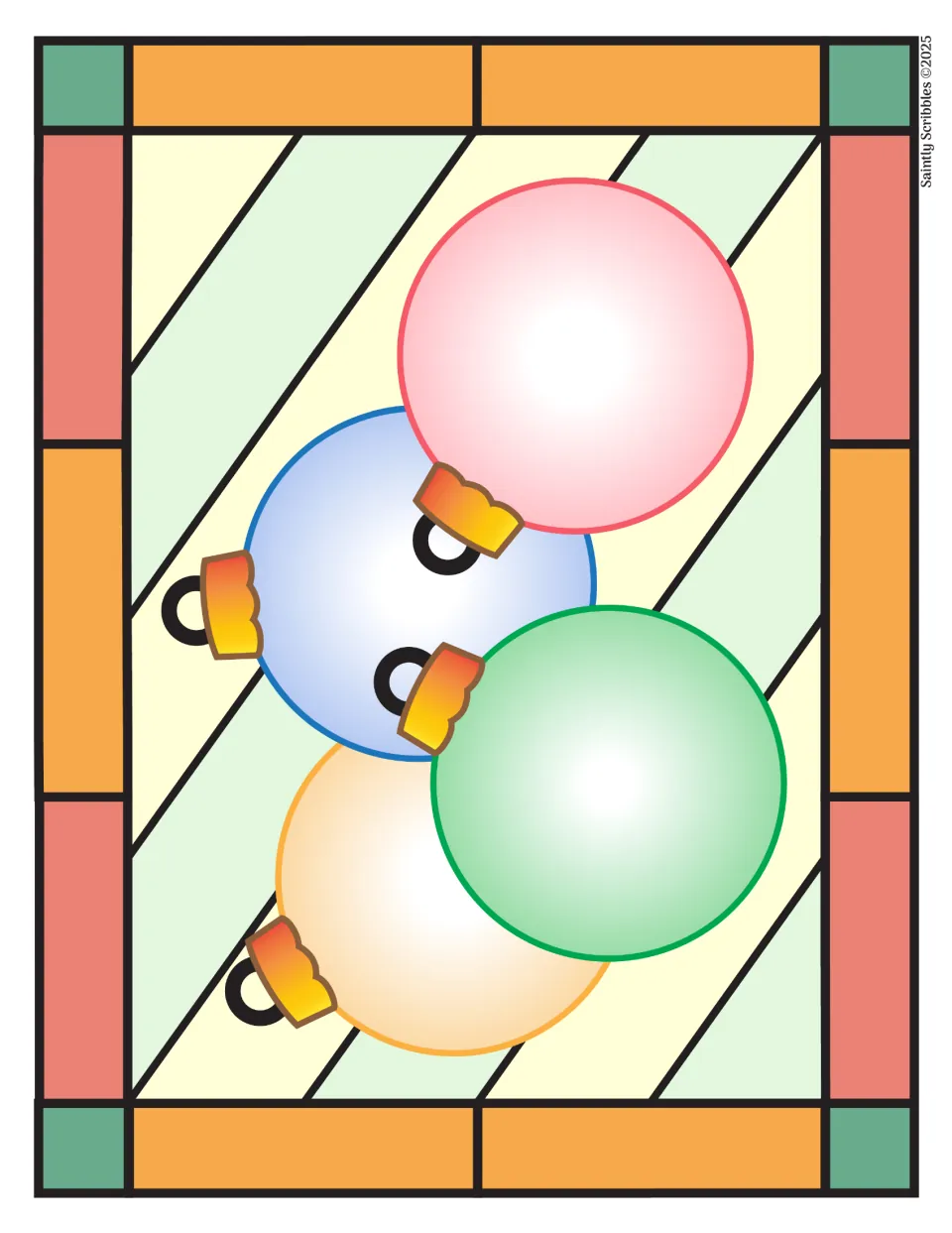 Full-color ornament example for the Christmas coloring set, showing four round baubles in different colors