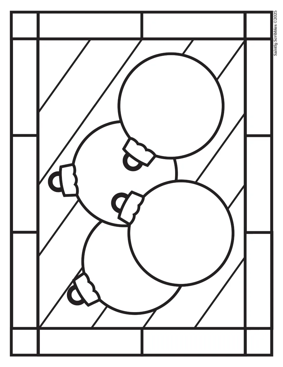 Christmas ornament coloring page matching the full-color example, with four round baubles and hanging loops