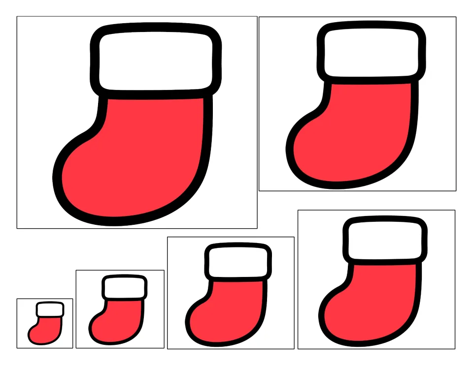 Five red stocking picture cards in different sizes for the Christmas stocking size-ordering activity