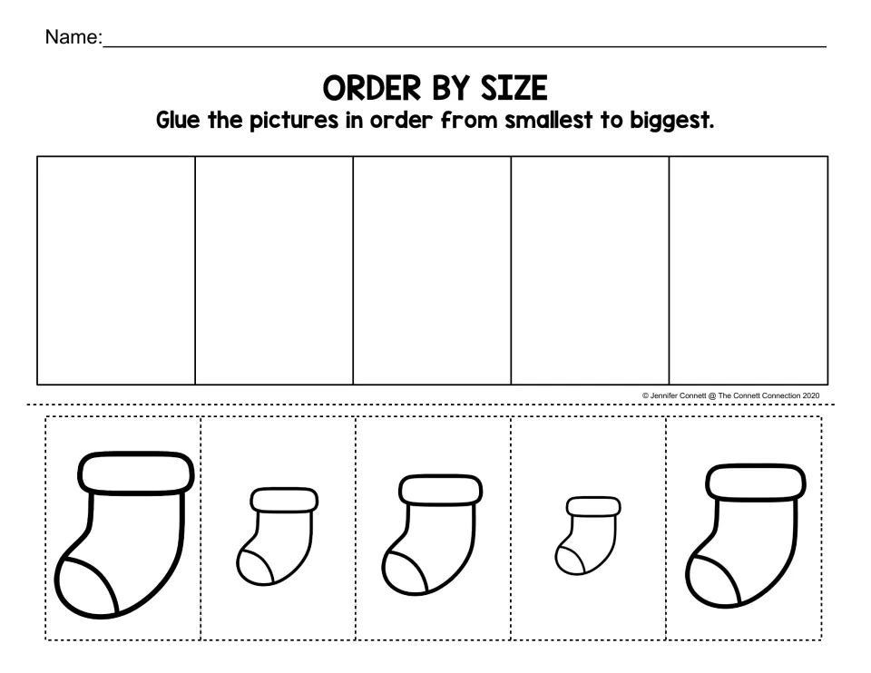 Order by Size worksheet: cut out five stocking pictures and glue them in order from smallest to biggest