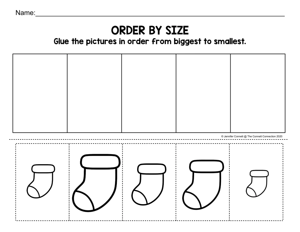 Order by Size worksheet: cut out five stocking pictures and glue them in order from biggest to smallest