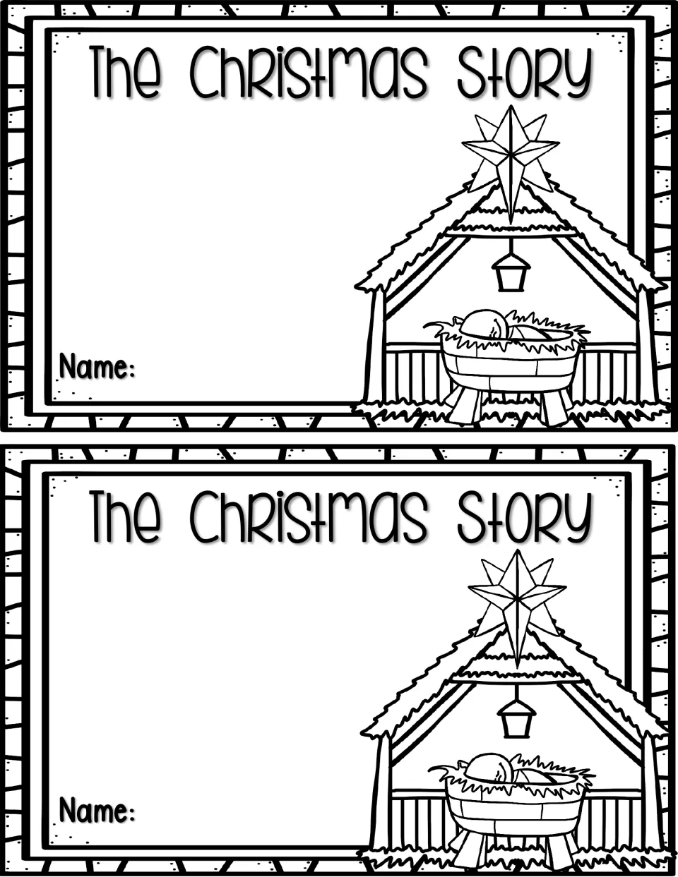 Two copies of the mini book cover titled 'The Christmas Story,' each showing baby Jesus in a manger.
