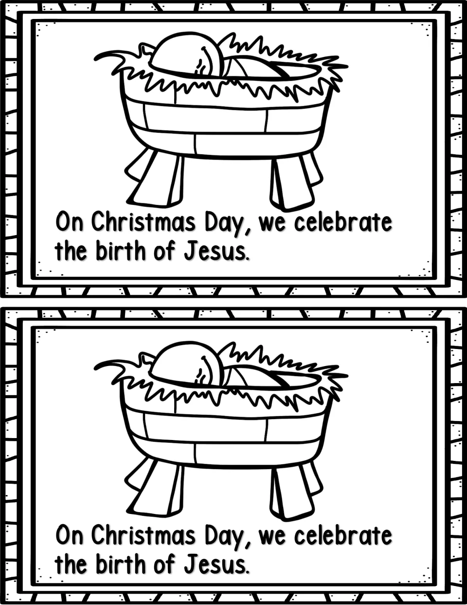 Mini book page 2, printed twice: 'On Christmas Day, we celebrate the birth of Jesus,' with Jesus in a manger.