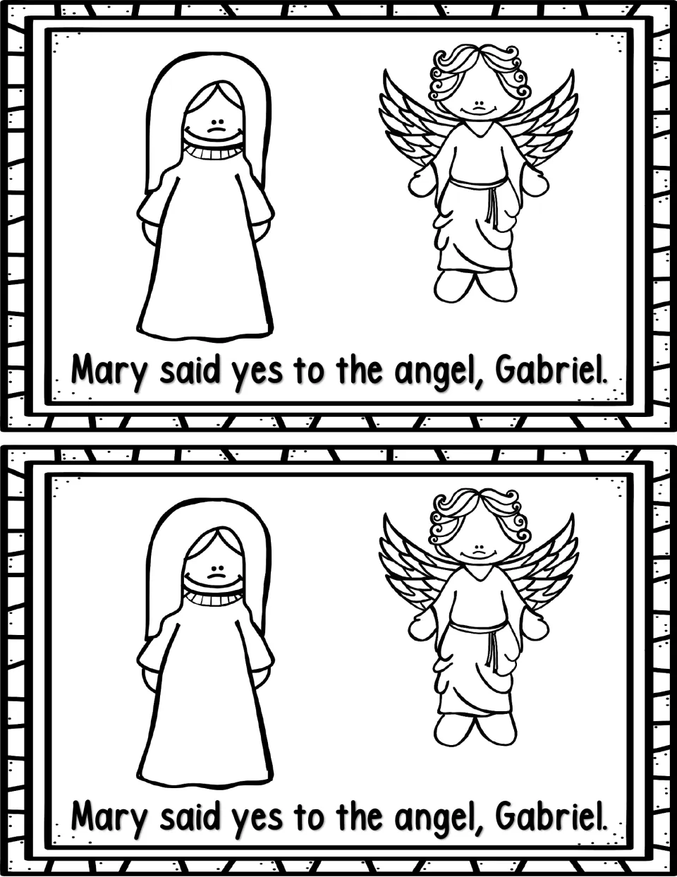 Mini book page 3, printed twice: 'Mary said yes to the angel, Gabriel,' with pictures of Mary and Gabriel.