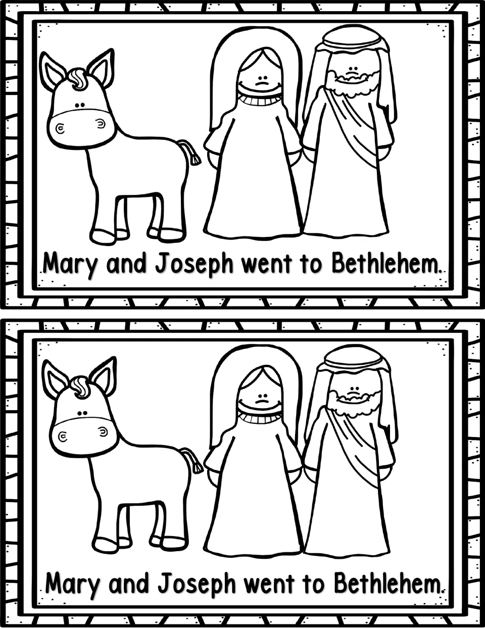 Mini book page 4, printed twice: 'Mary and Joseph went to Bethlehem,' with Mary, Joseph, and a donkey.