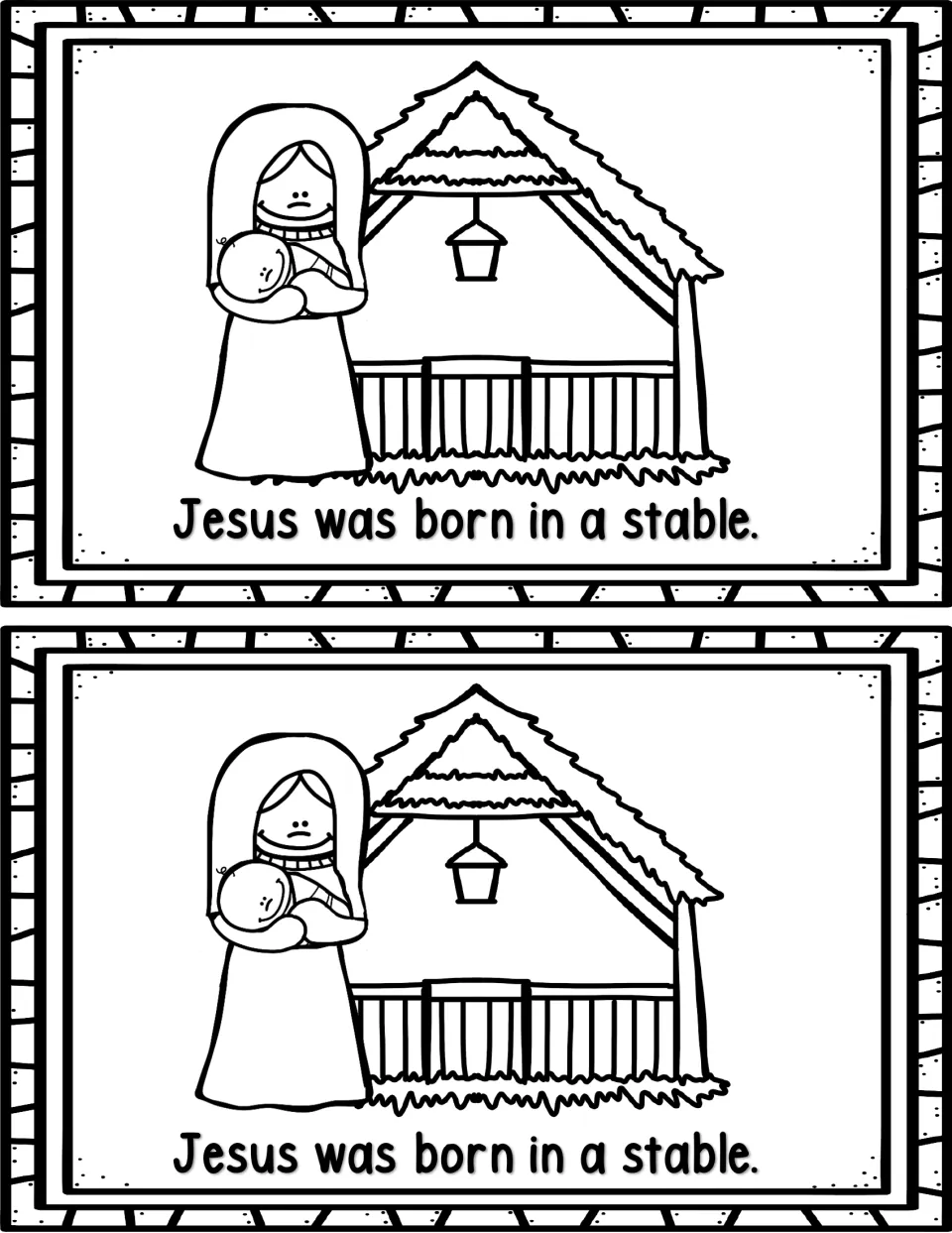 Mini book page 5, printed twice: 'Jesus was born in a stable,' with Mary holding baby Jesus beside the stable.