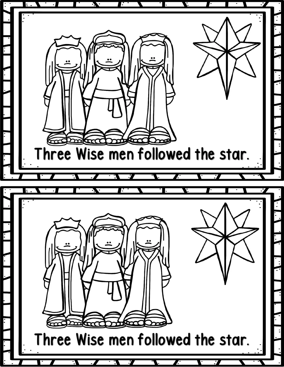 Mini book page 6, printed twice: 'Three Wise men followed the star,' with three Wise Men and a large star.