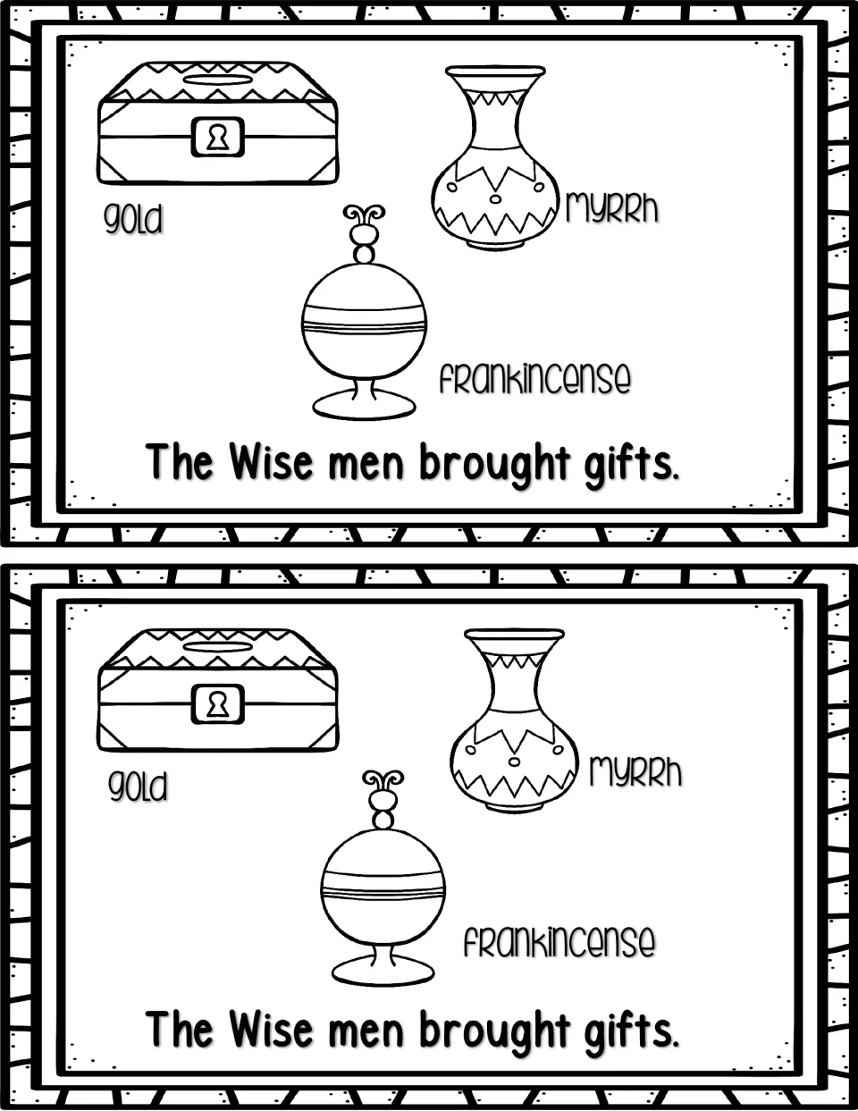 Mini book page 7, printed twice: 'The Wise men brought gifts,' with gold, myrrh, and frankincense labeled.