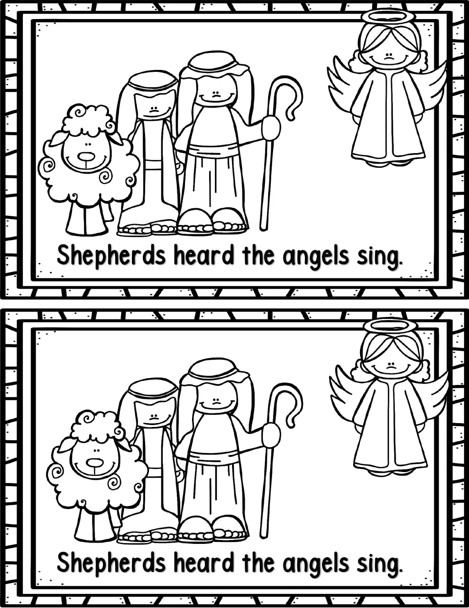 Mini book page 8, printed twice: 'Shepherds heard the angels sing,' with shepherds, a sheep, and an angel.
