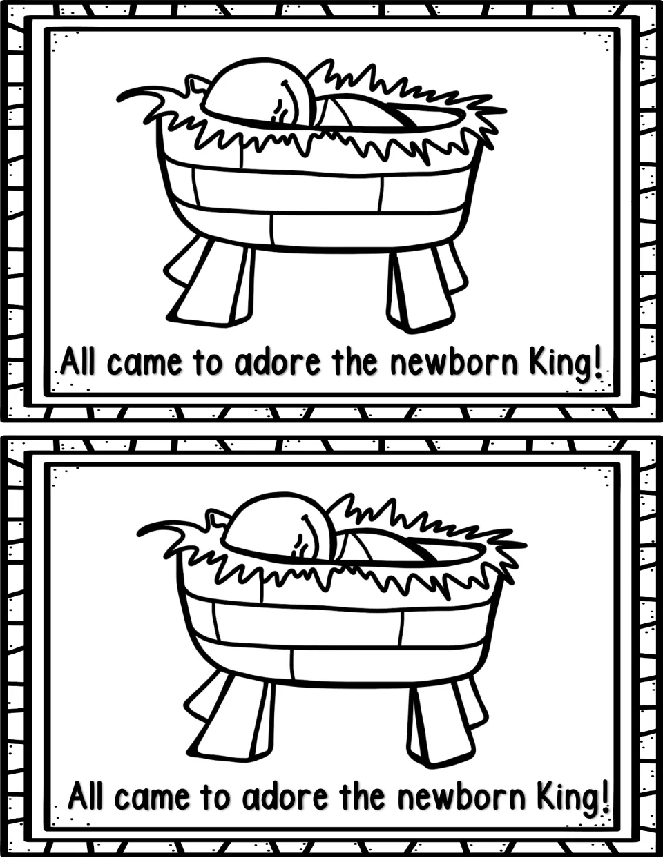 Mini book page 9, printed twice: 'All came to adore the newborn King!' with baby Jesus lying in a manger.