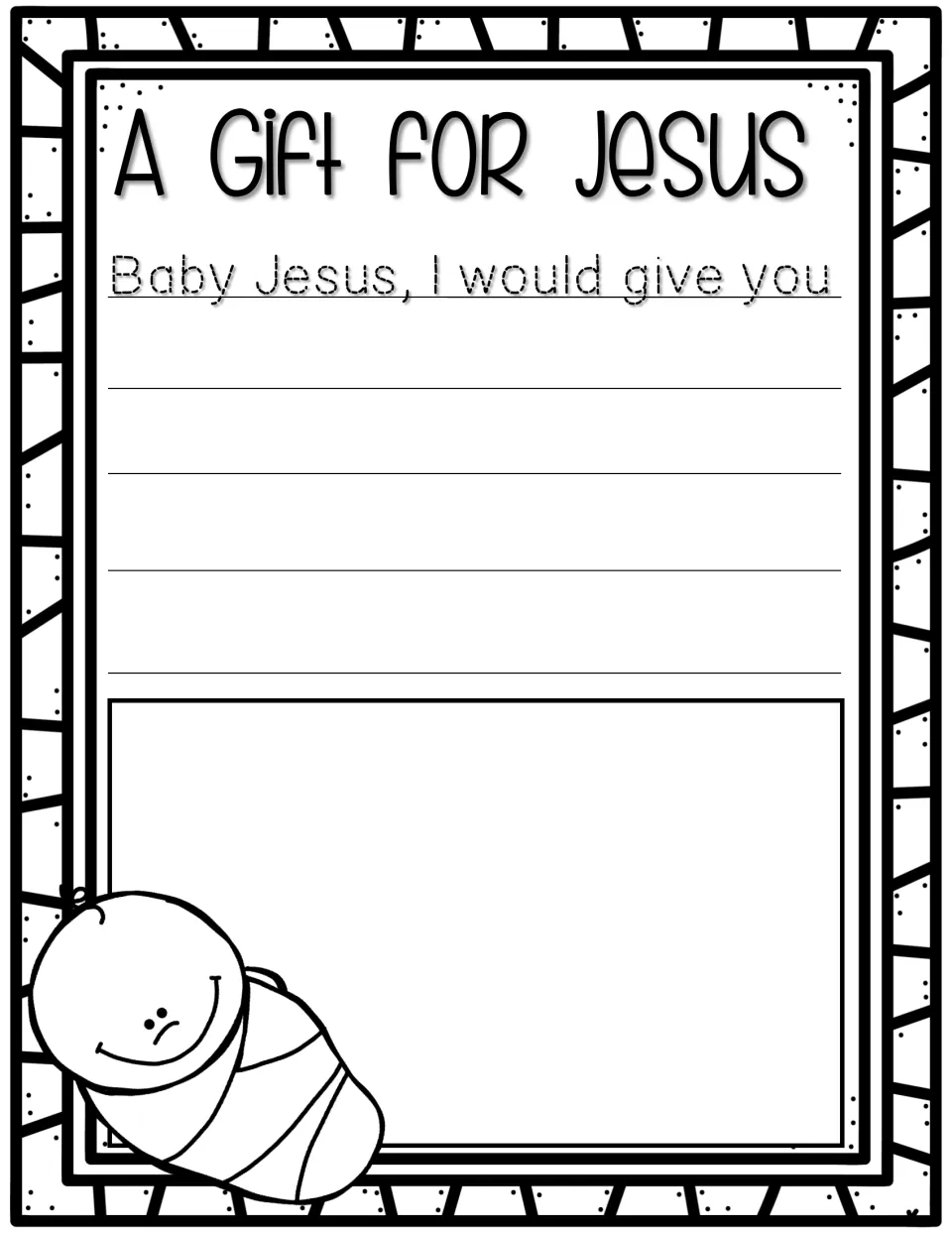 Writing and drawing page titled 'A Gift for Jesus,' with the traceable prompt 'Baby Jesus, I would give you'.