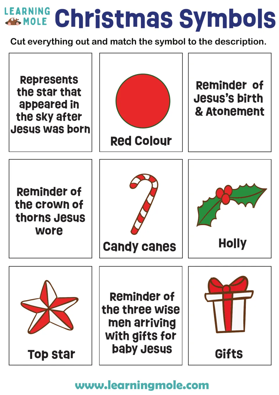 Christmas matching cards: red color, candy canes, holly, top star, gifts, and four Christian descriptions