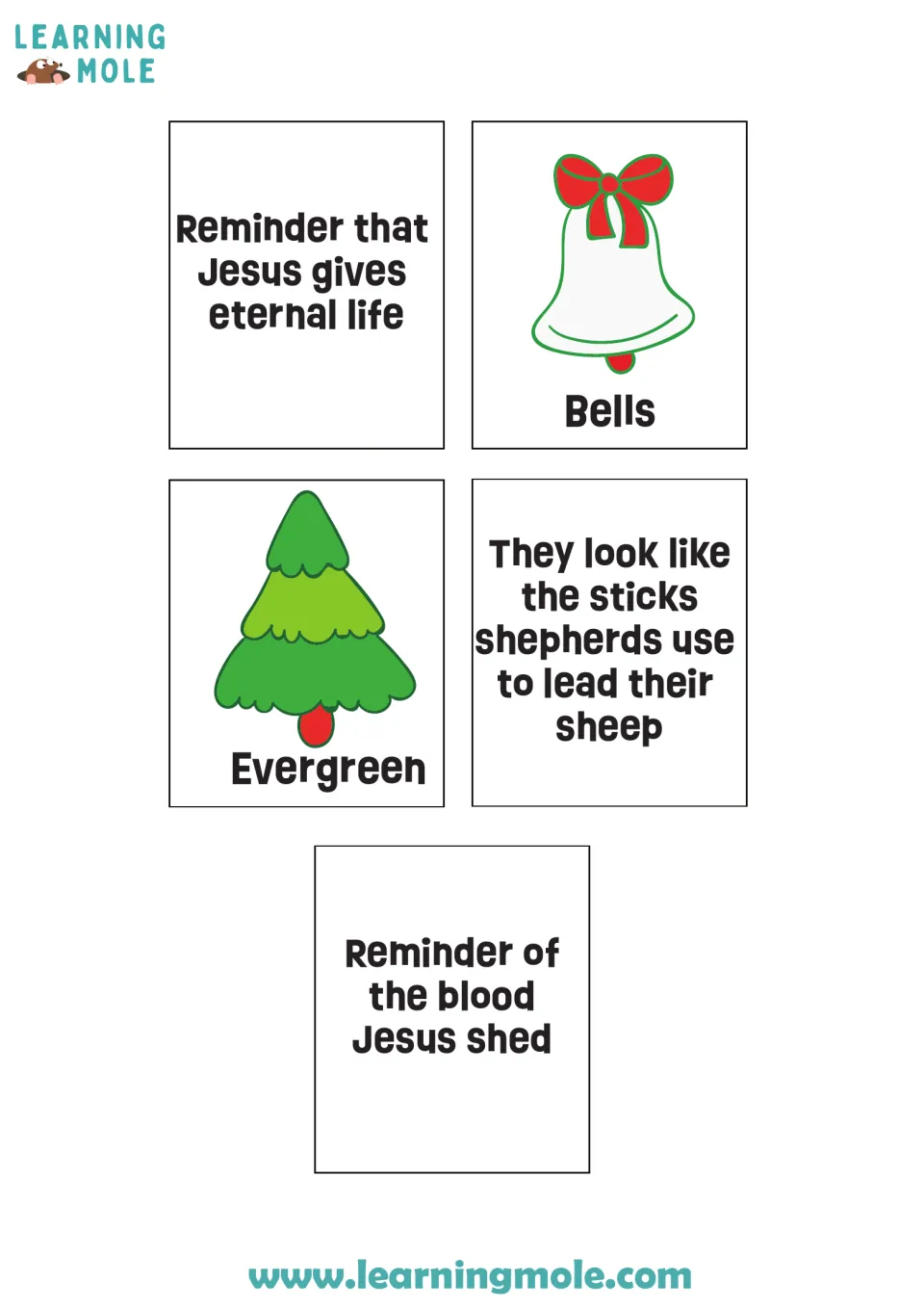 Christmas matching cards: bells, evergreen, and descriptions of eternal life, shepherds' sticks, and blood
