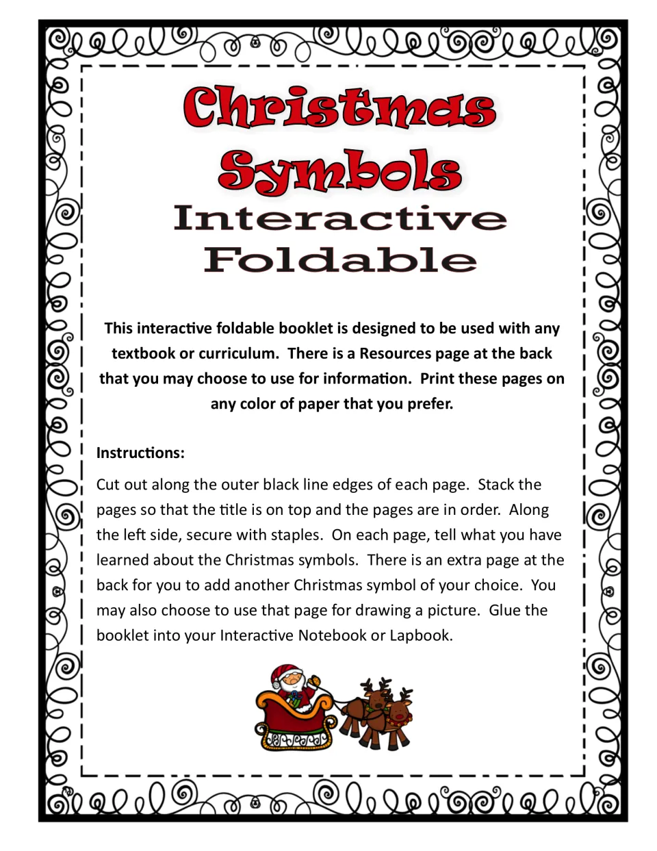Booklet instructions explain cutting, stacking, stapling and writing about symbols for a notebook or lapbook