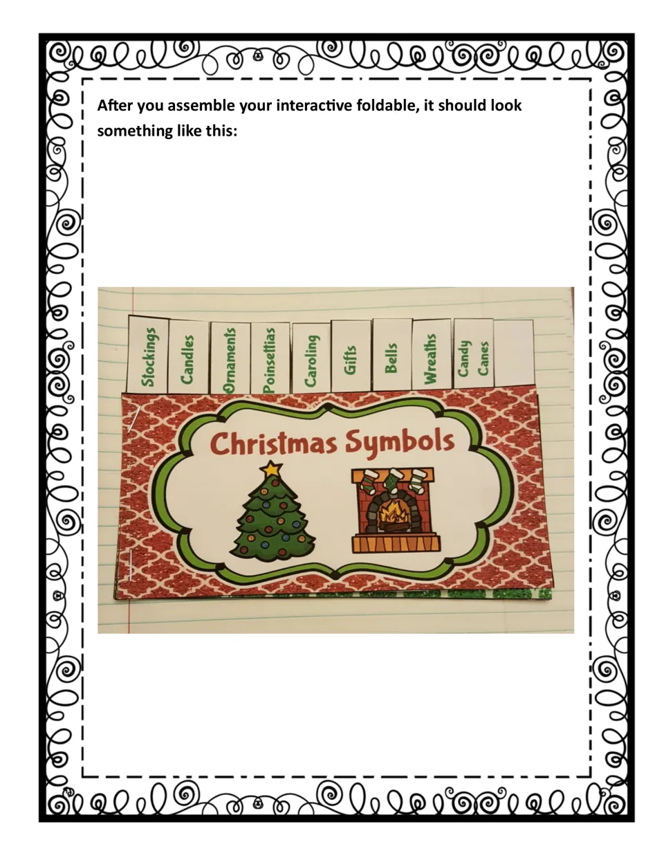 Completed booklet example shows nine labeled tabs, from Stockings to Candy Canes, plus a blank tab