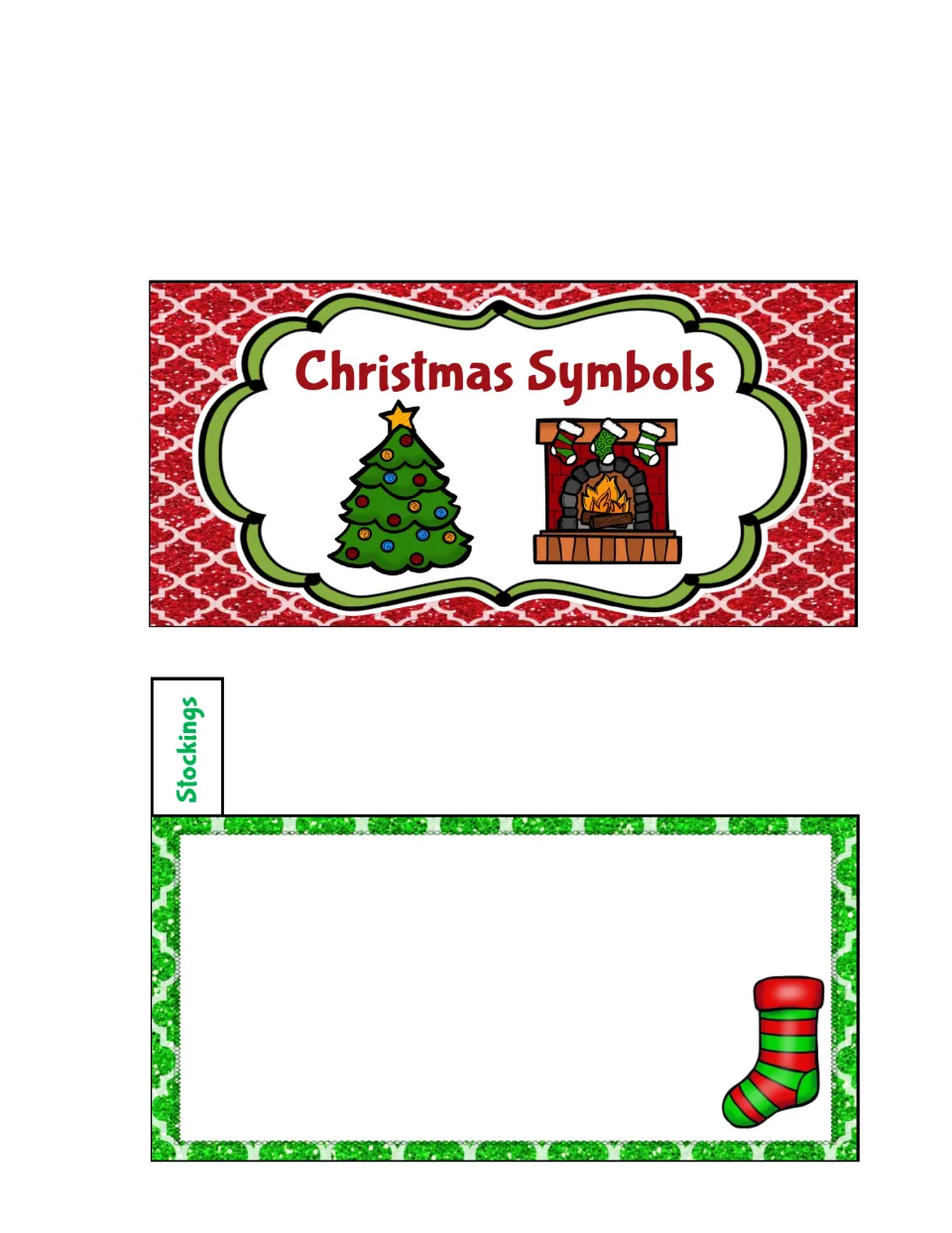 Booklet cutouts include the title cover and a Stockings tabbed writing page illustrated with a stocking