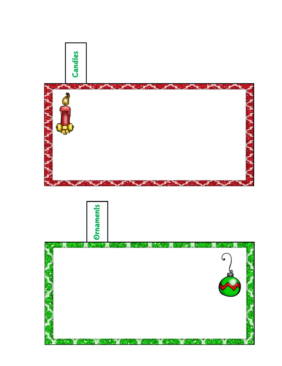 Candles and Ornaments tabbed booklet pages provide space to record learning, each with a matching picture