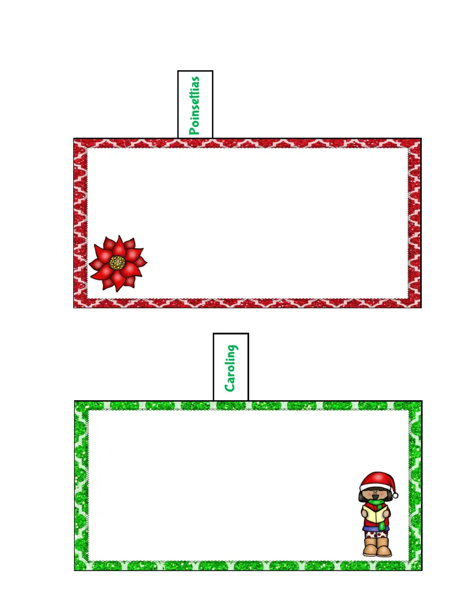 Poinsettias and Caroling tabbed booklet pages provide writing space beside a flower and a singer illustration