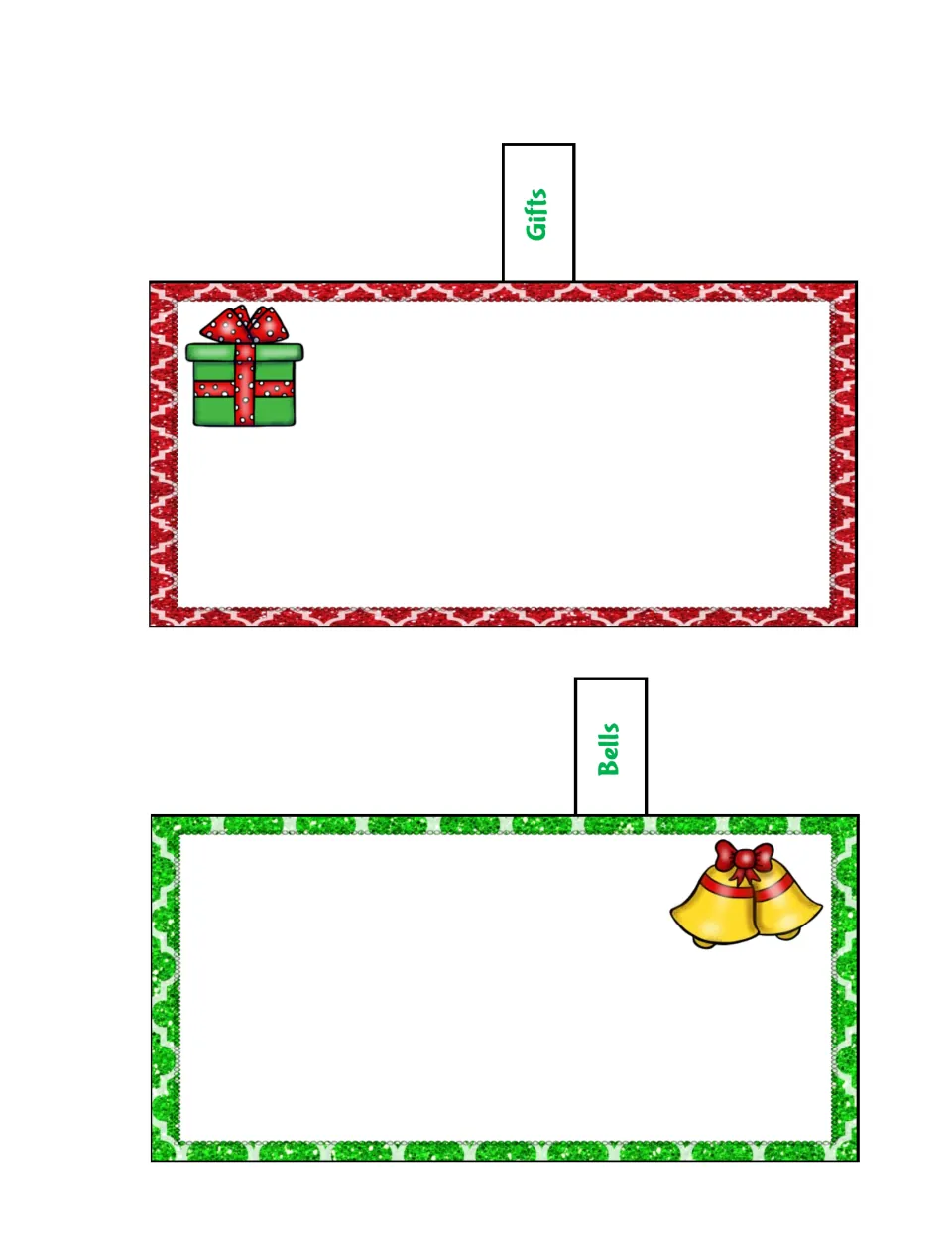 Gifts and Bells tabbed booklet pages provide space to record learning, illustrated with a present and bells