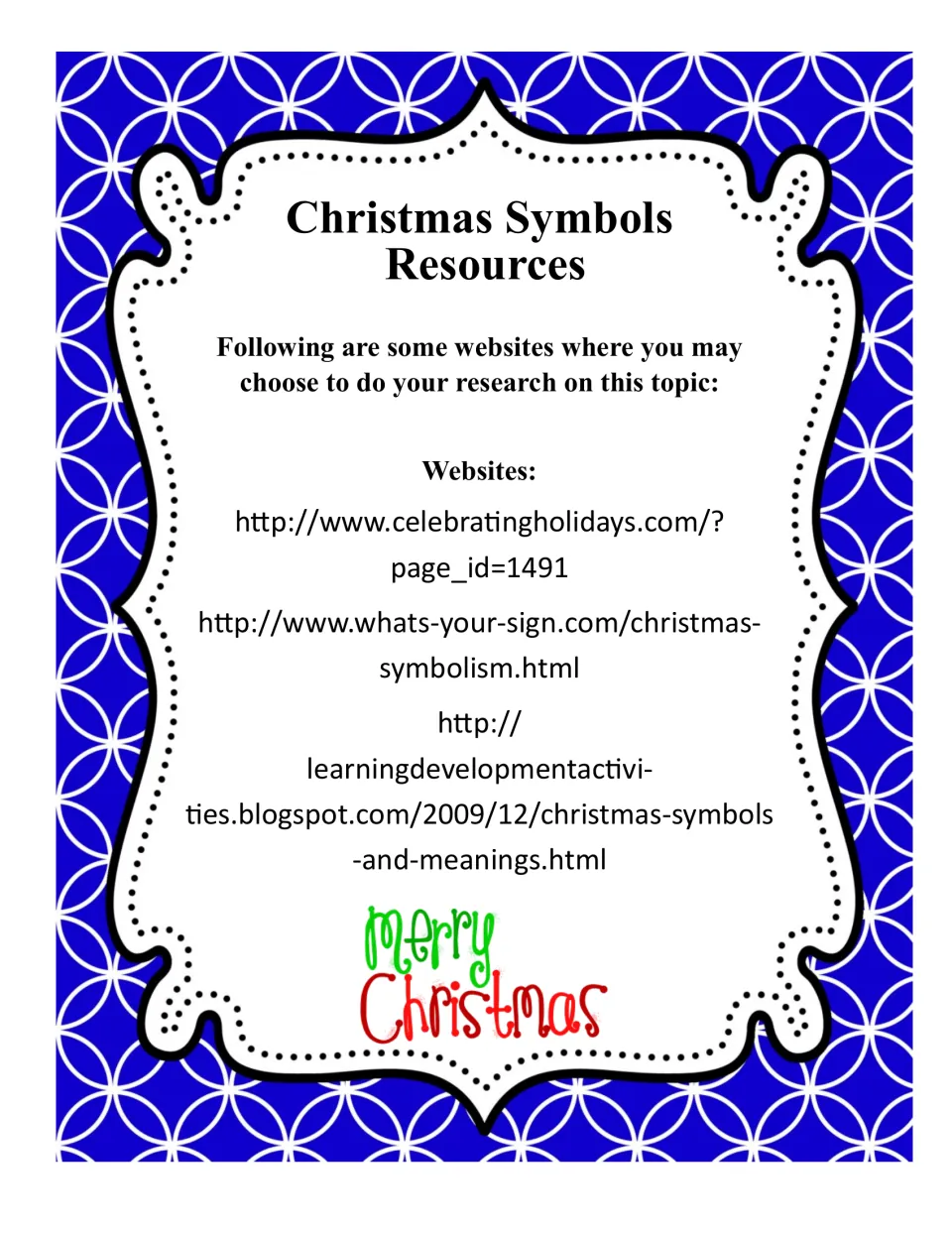Research resources page lists three suggested websites for finding information about Christmas symbols
