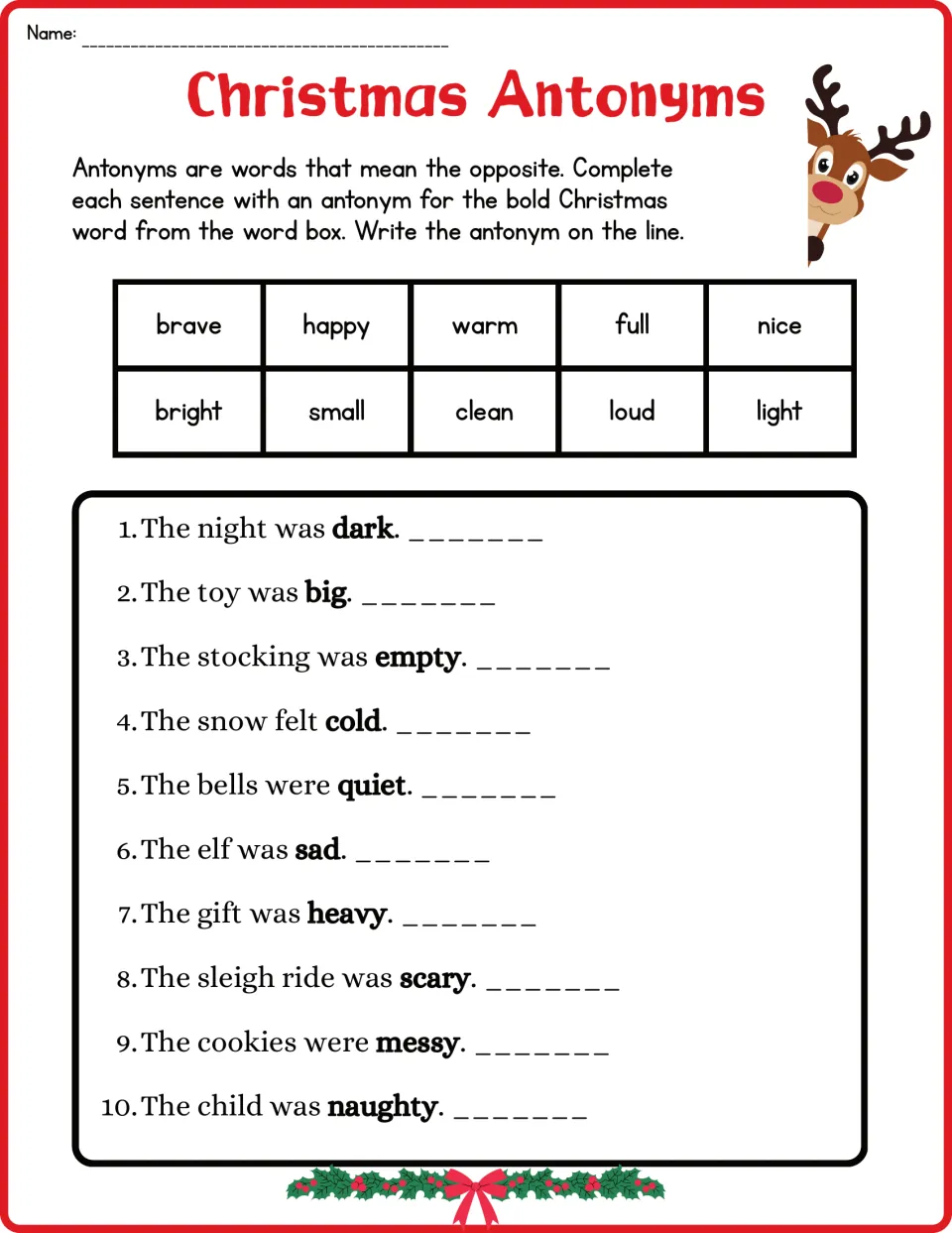 Third antonym worksheet: 10 Christmas sentences featuring dark, big, empty, cold, quiet and sad.