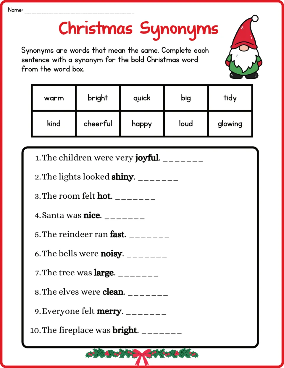 First synonym worksheet: 10 Christmas sentences featuring joyful, shiny, hot, nice, fast and noisy.