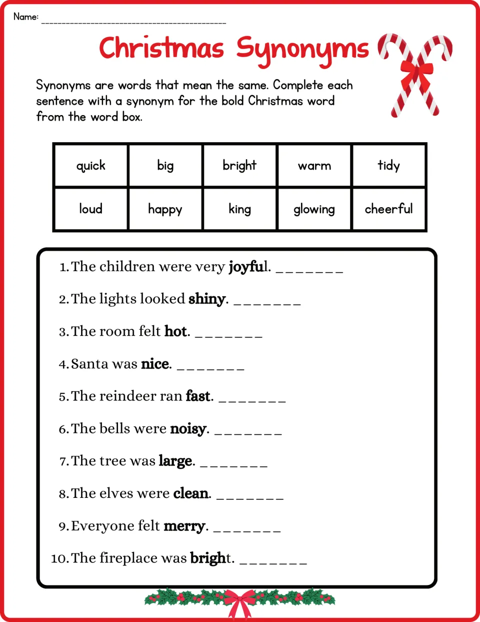 Second synonym worksheet repeats the 10 sentences about joyful children, shiny lights and other holiday scenes.