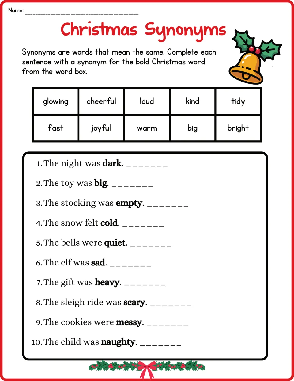 Fourth worksheet labeled synonyms repeats page 3's prompts, including dark, empty, cold, sad and heavy.