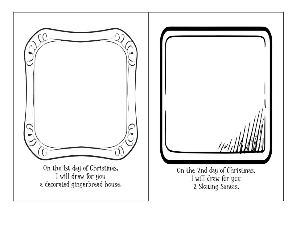 Christmas drawing book prompts for days 1–2: draw a decorated gingerbread house and two skating Santas.
