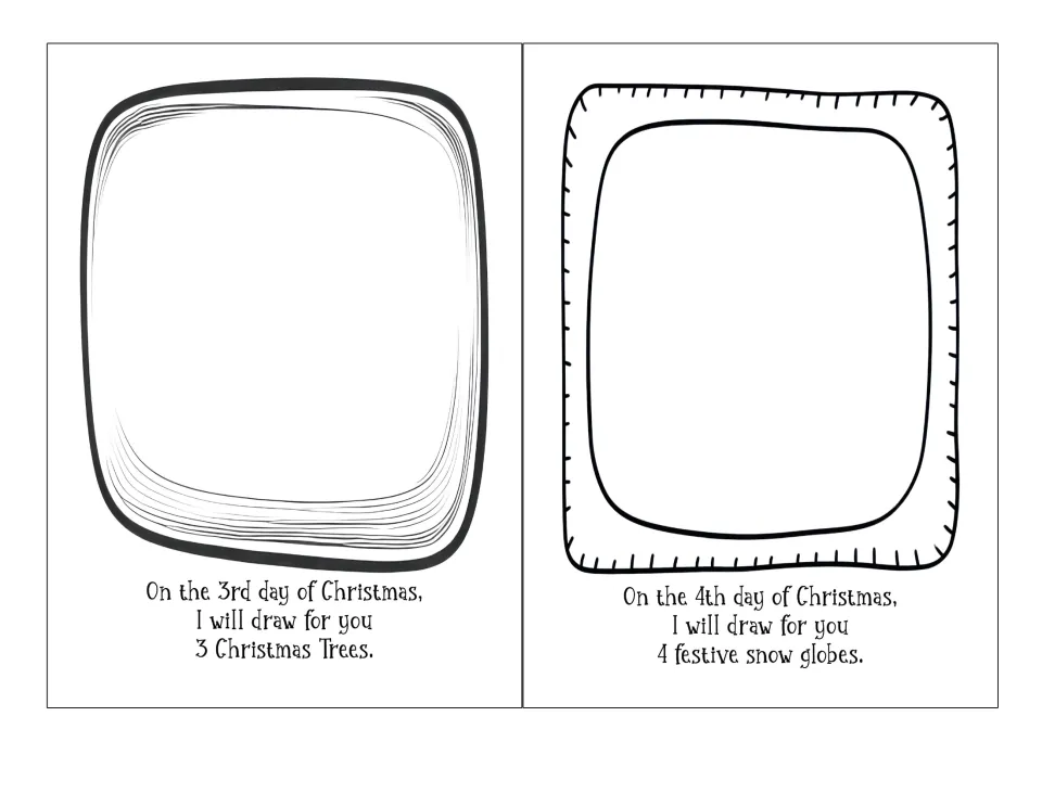 Christmas drawing book prompts for days 3–4: draw three Christmas trees and four festive snow globes.