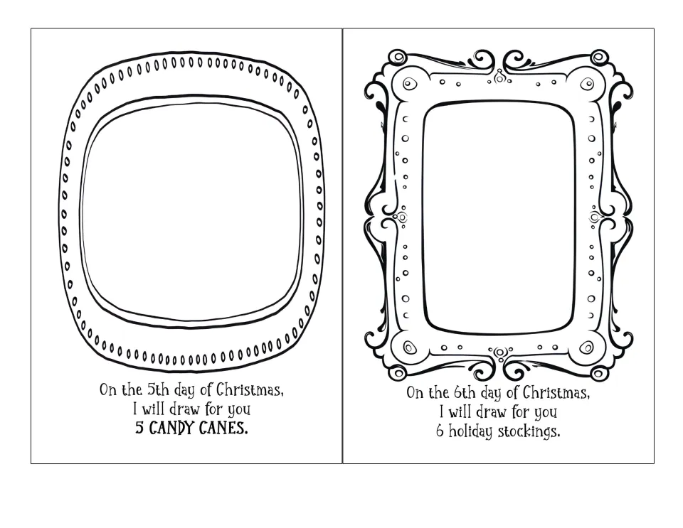 Christmas drawing book prompts for days 5–6: draw five candy canes and six holiday stockings.