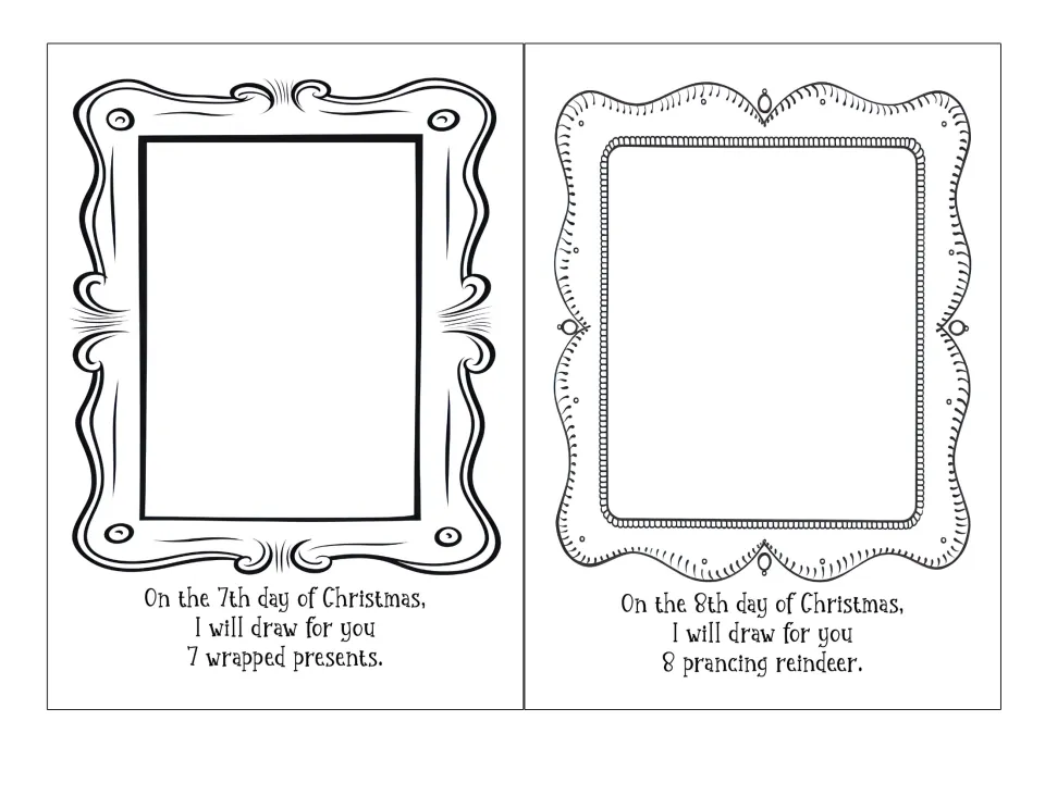 Christmas drawing book prompts for days 7–8: draw seven wrapped presents and eight prancing reindeer.