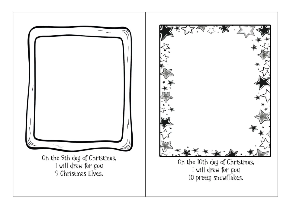 Christmas drawing book prompts for days 9–10: draw nine Christmas elves and ten pretty snowflakes.