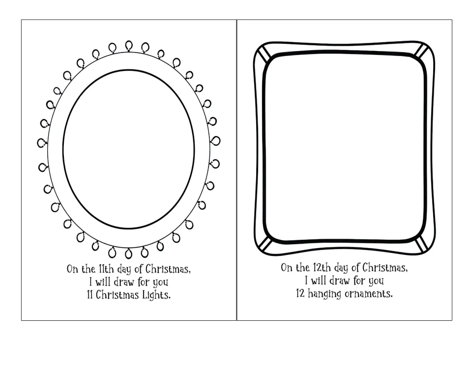 Christmas drawing book prompts for days 11–12: draw eleven Christmas lights and twelve hanging ornaments.