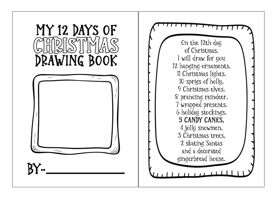 Drawing book cover titled 'My 12 Days of Christmas Drawing Book,' with a 'By' space and closing verse.