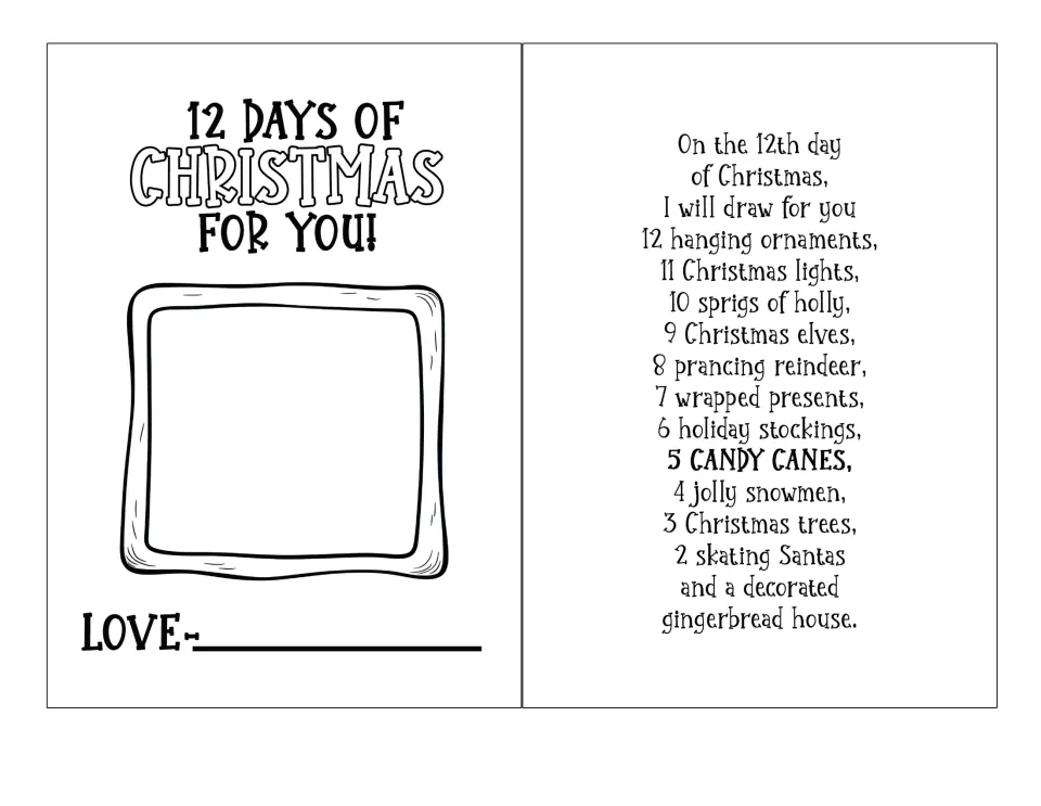 Christmas drawing book gift cover titled '12 Days of Christmas for You!' with a 'Love' space and verse.