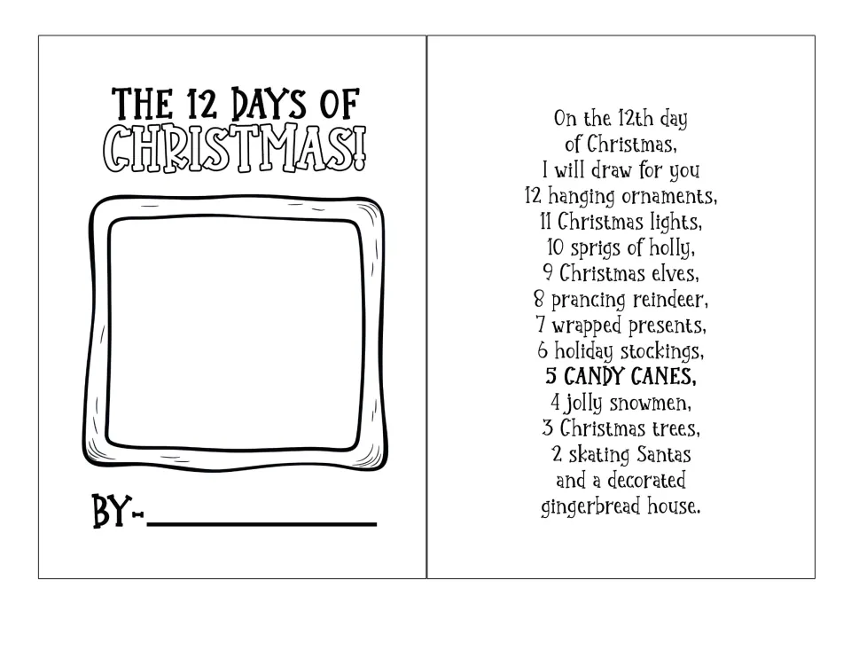 Christmas drawing book cover titled 'The 12 Days of Christmas!' with a 'By' space and closing verse.