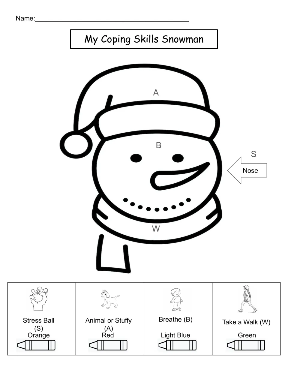 Coping skills snowman colour-by-code: students colour the hat, face, nose and scarf by stress ball, stuffy, breathe or walk