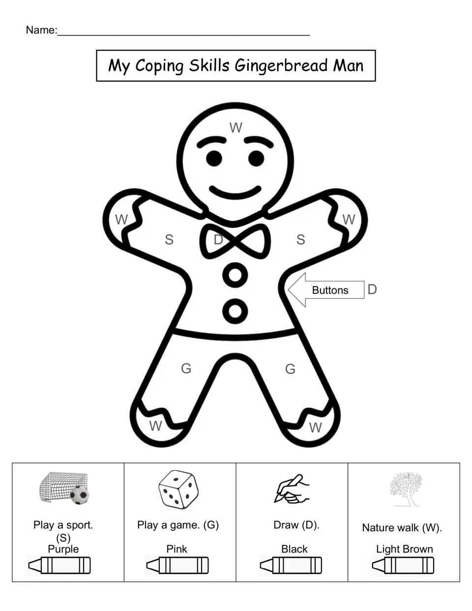Coping skills gingerbread man colour-by-code: colour parts for play a sport, play a game, draw and nature walk in 4 colours