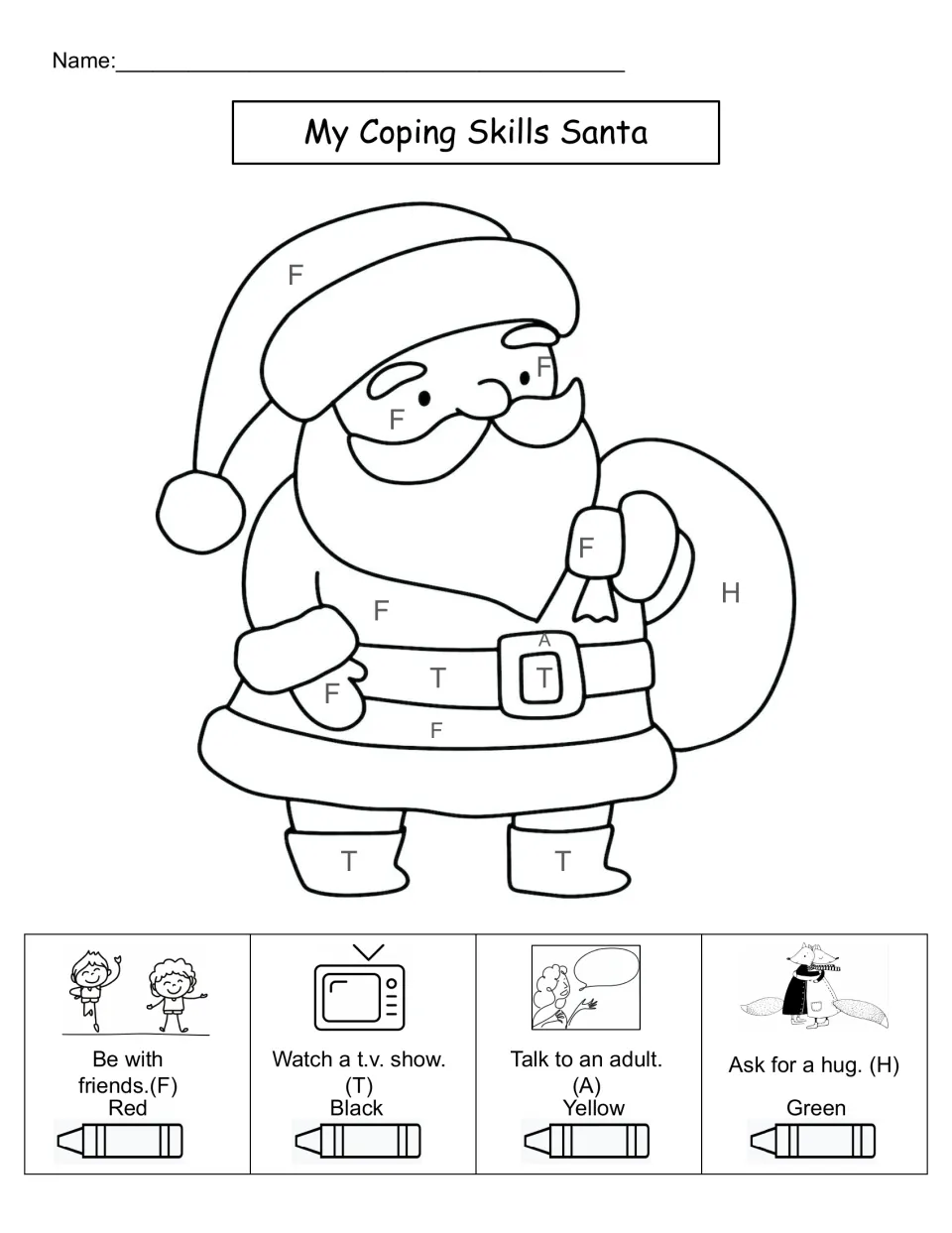 Coping skills Santa colour-by-code: students colour by friends, TV show, talk to an adult and ask for a hug using the key